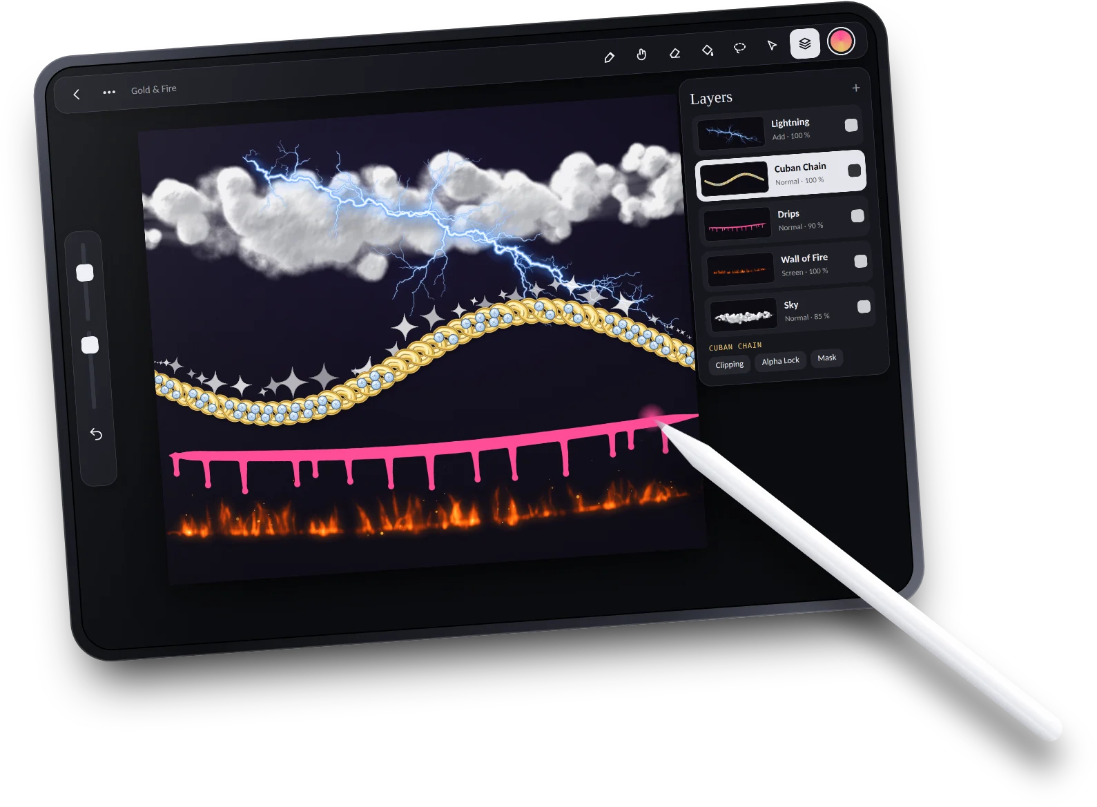 Bristle Canvas on an iPad: a dark artwork with clouds, lightning, a gold chain, pink drips and fire, and the layers panel open